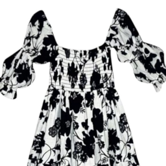 MISA Los Angeles Margarita Dress Black White Floral Smocked Puff Sleeve Midi M - Picture 6 of 10